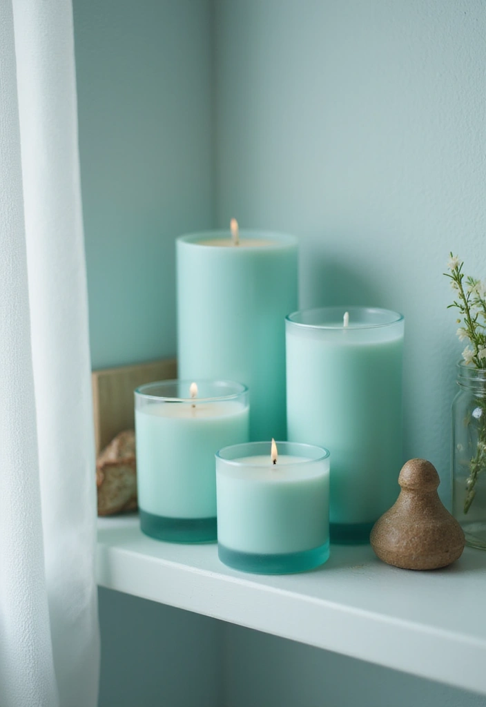 27 Aqua Bathroom Ideas That Feel Fresh - 16. Aqua-Themed Candles