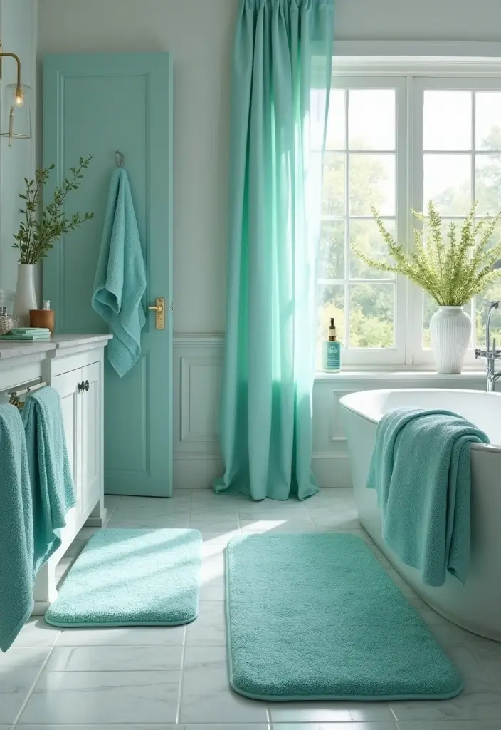 27 Aqua Bathroom Ideas That Feel Fresh - 17. Aqua Fabrics – Towels and Mats