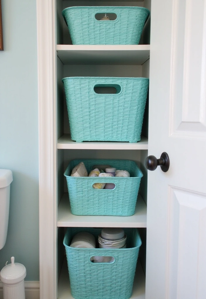 27 Aqua Bathroom Ideas That Feel Fresh - 19. Aqua Utility Baskets
