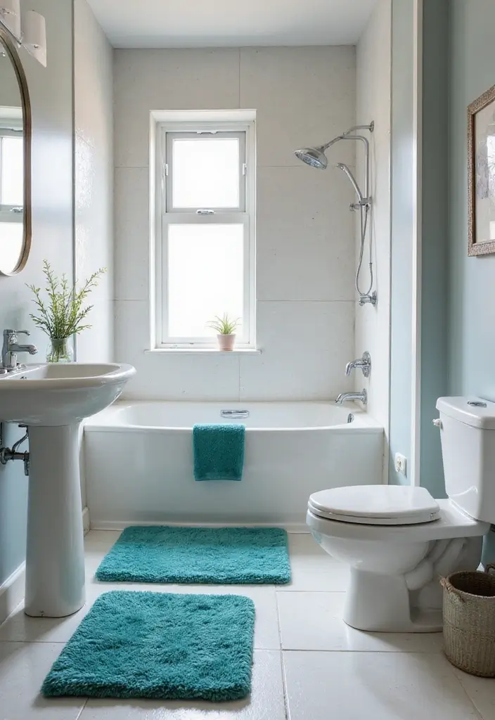 27 Aqua Bathroom Ideas That Feel Fresh - 20. Aqua Bathroom Rugs