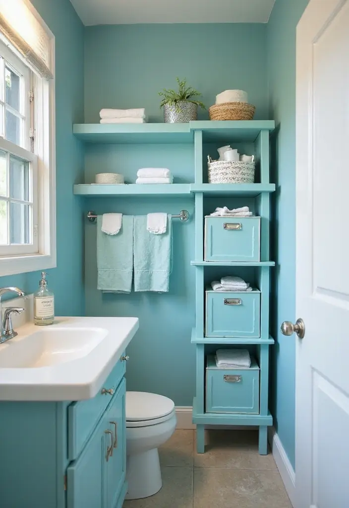 27 Aqua Bathroom Ideas That Feel Fresh - 25. Aqua-Themed Storage Solutions