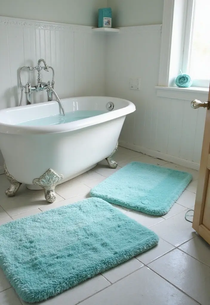 27 Aqua Bathroom Ideas That Feel Fresh - 27. Aqua Bath Mats for Comfort