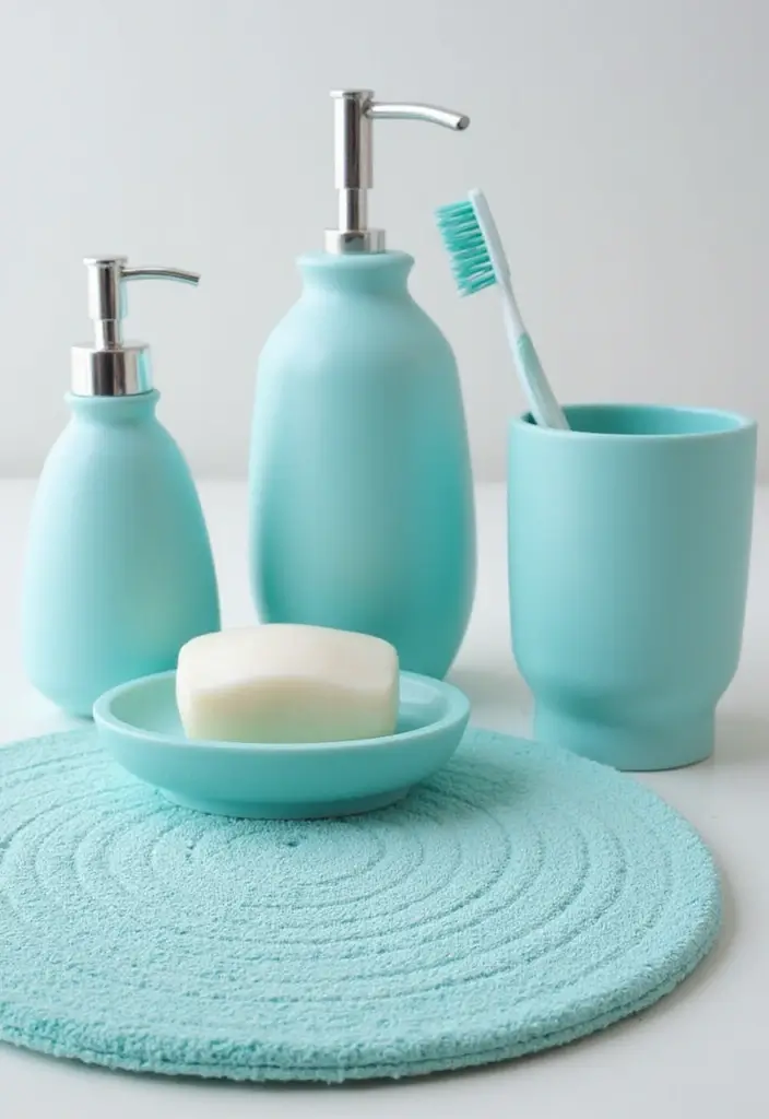 27 Aqua Bathroom Ideas That Feel Fresh - 4. Aqua Accessories Galore