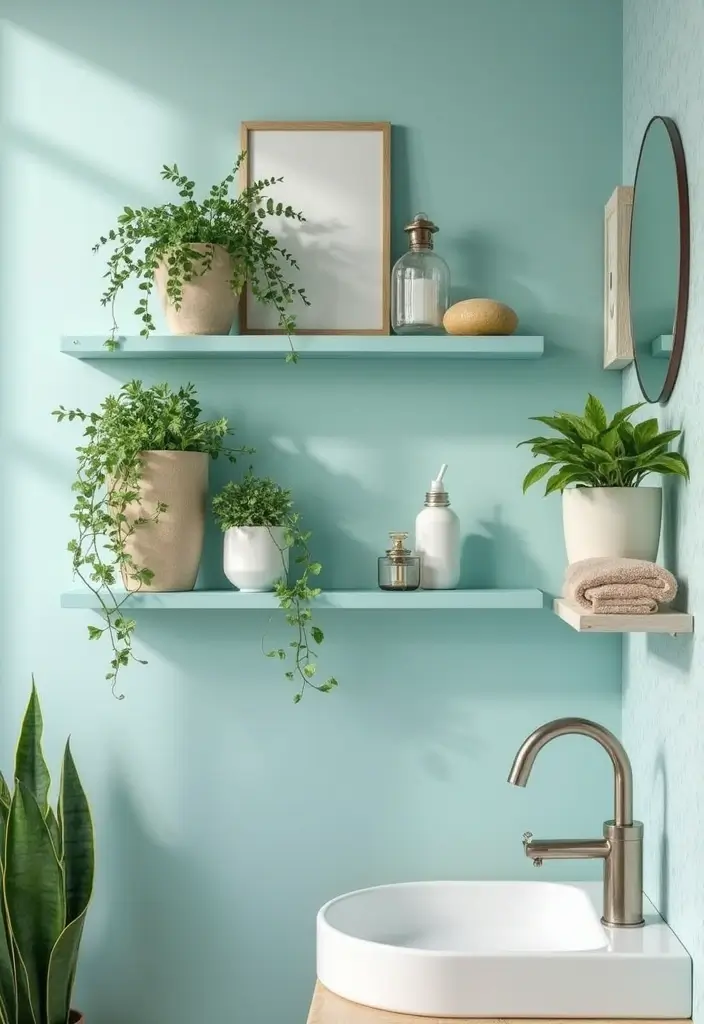 27 Aqua Bathroom Ideas That Feel Fresh - 5. Floating Aqua Shelves