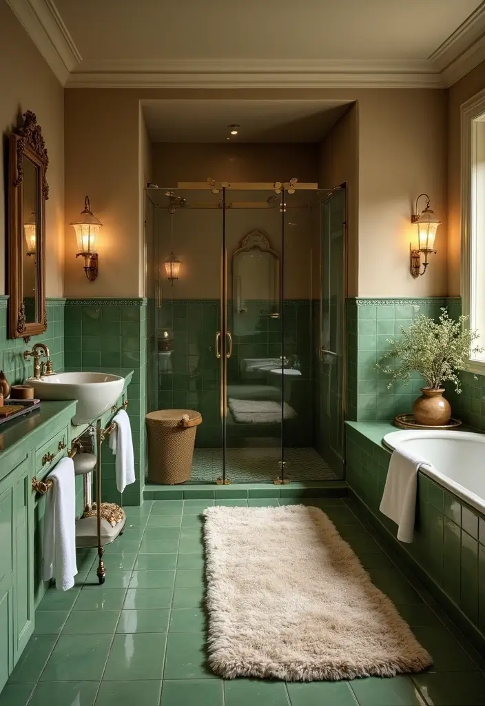 27 Bathroom Ideas Green Tiles That Feel Fresh - 16. Green Tile Floor Elegance