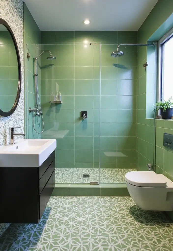 27 Bathroom Ideas Green Tiles That Feel Fresh - 19. Bold Geometric Green Patterns