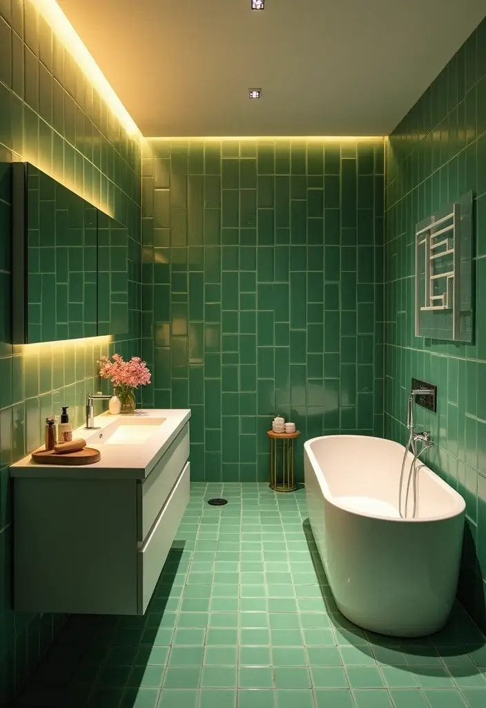 27 Bathroom Ideas Green Tiles That Feel Fresh - 22. Layered Lighting with Green Tiles