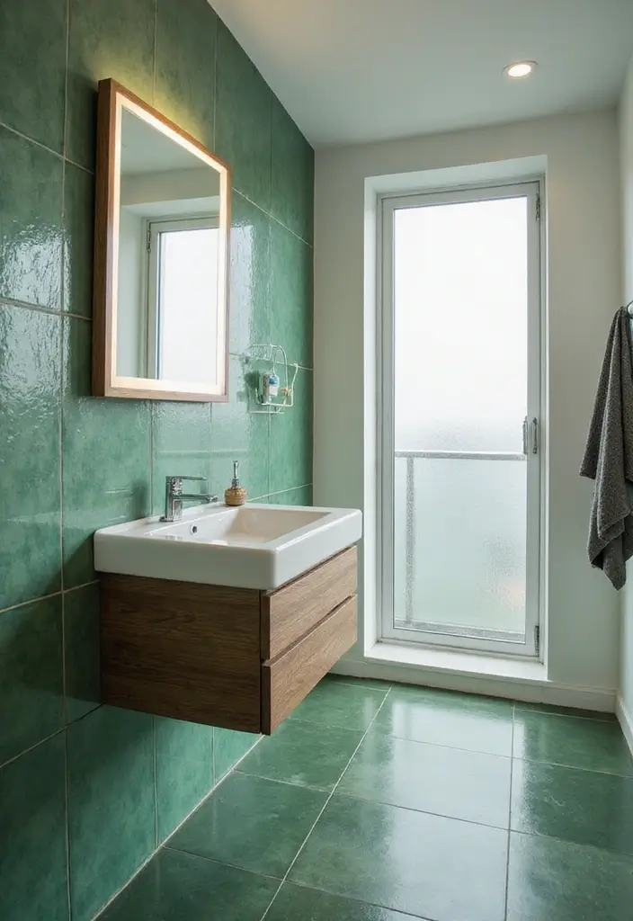 27 Bathroom Ideas Green Tiles That Feel Fresh - 24. Floating Vanities with Green Tiles