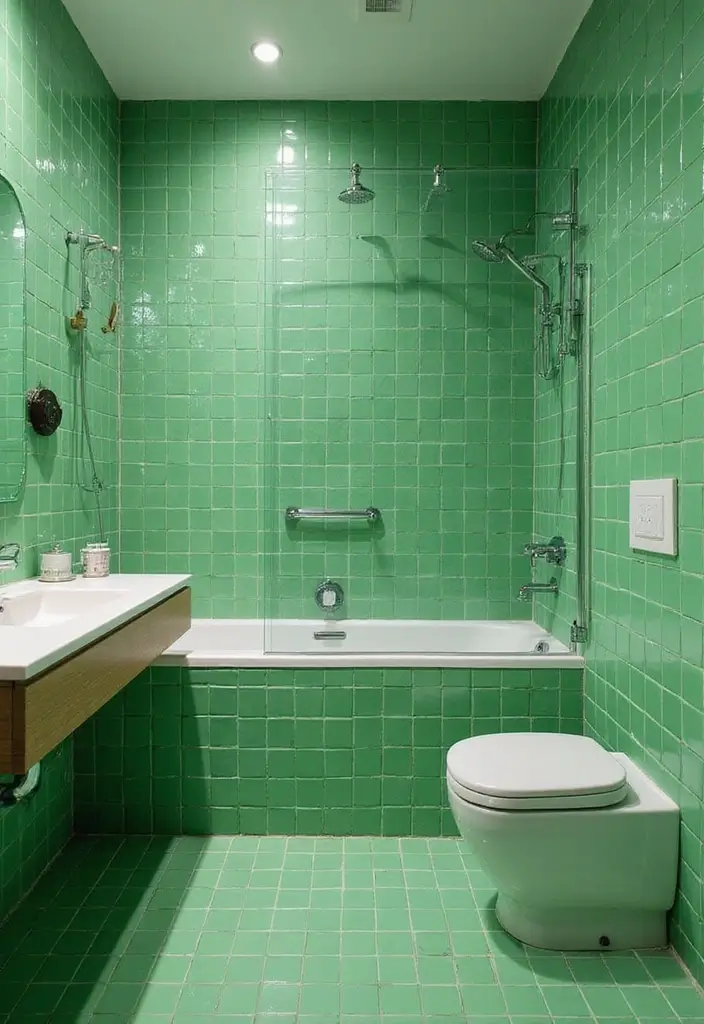 27 Bathroom Ideas Green Tiles That Feel Fresh - 25. Reflective Surfaces and Green Tiles