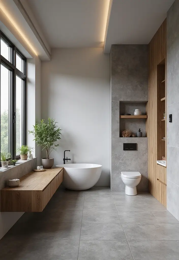 27 Bathroom Ideas Grey And Neutral Themes - 12. Grey and Wood Combination