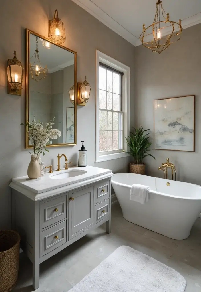 27 Bathroom Ideas Grey And Neutral Themes - 17. Grey and Gold Accents