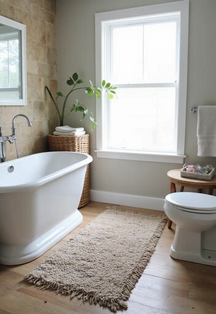 27 Bathroom Ideas Grey And Neutral Themes - 18. Layered Rugs