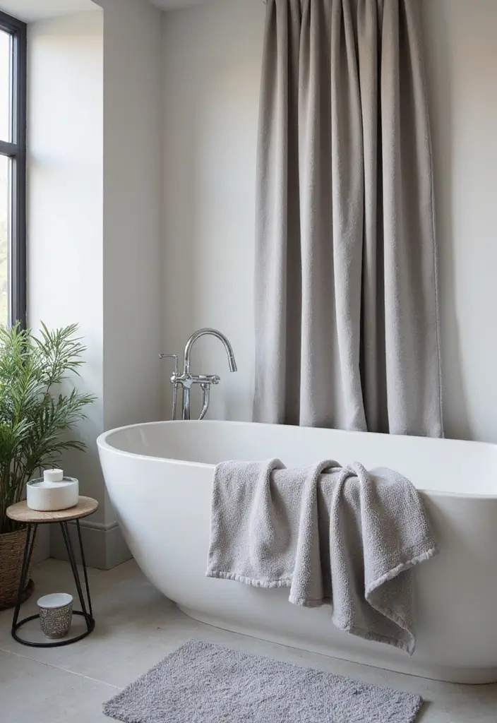 27 Bathroom Ideas Grey And Neutral Themes - 20. Elegant Bath Linens