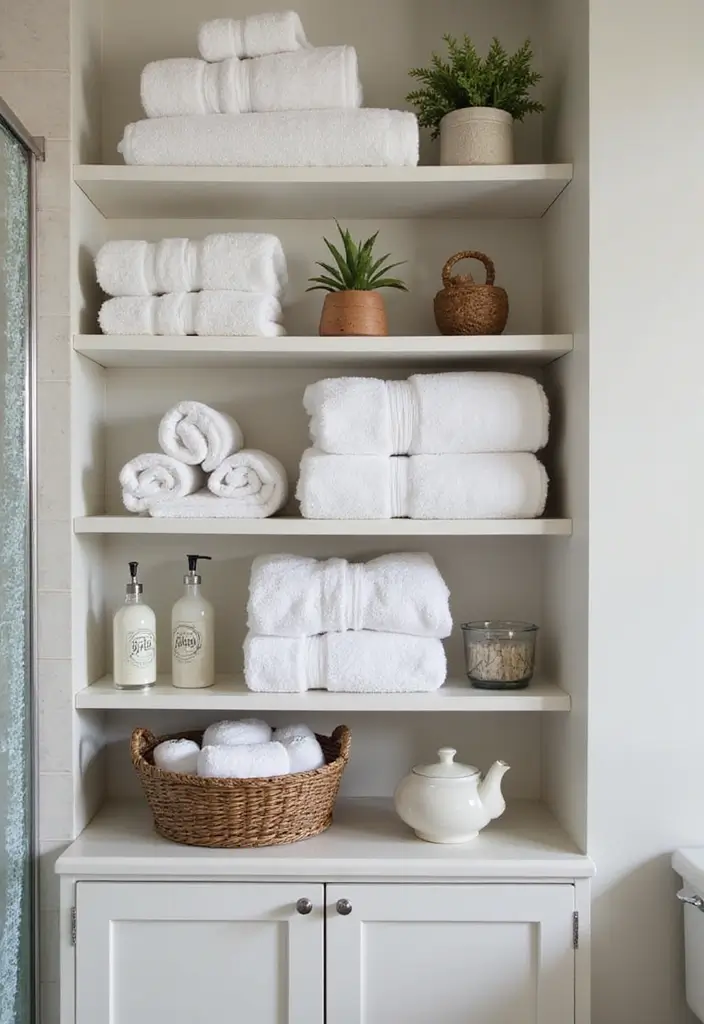 27 Bathroom Ideas Grey And Neutral Themes - 25. Open Shelving