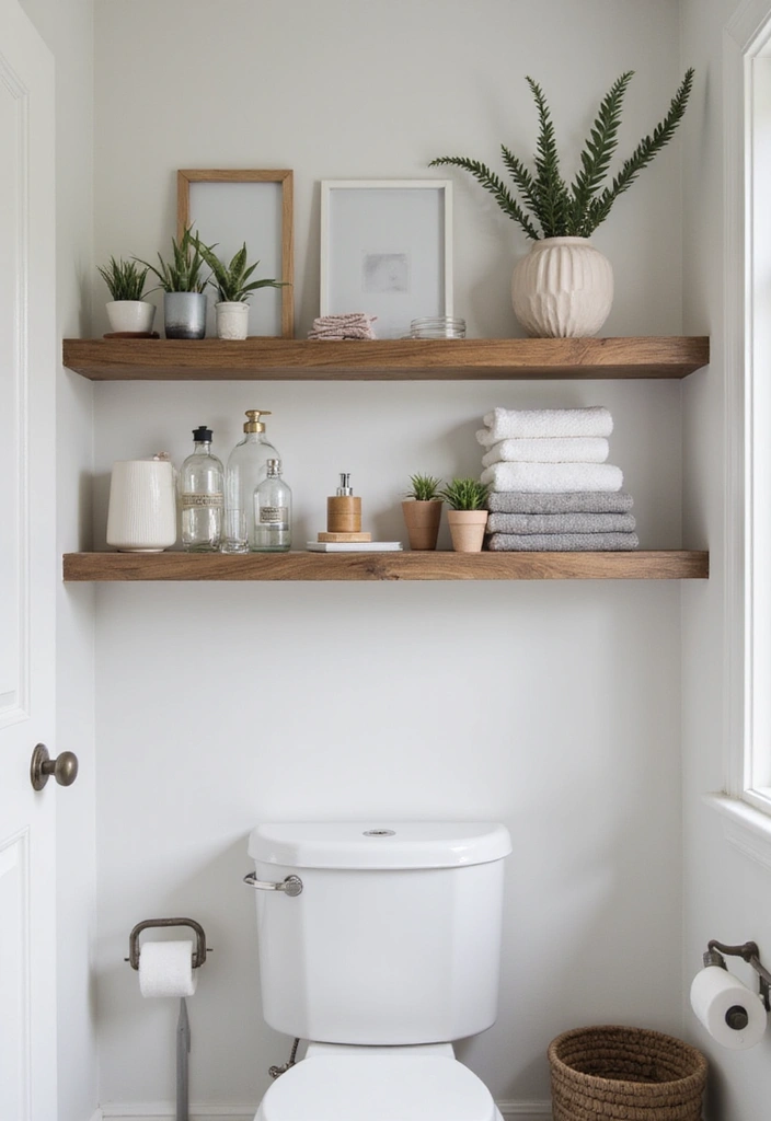 27 Bathroom Ideas Grey And Neutral Themes - 9. Floating Shelves