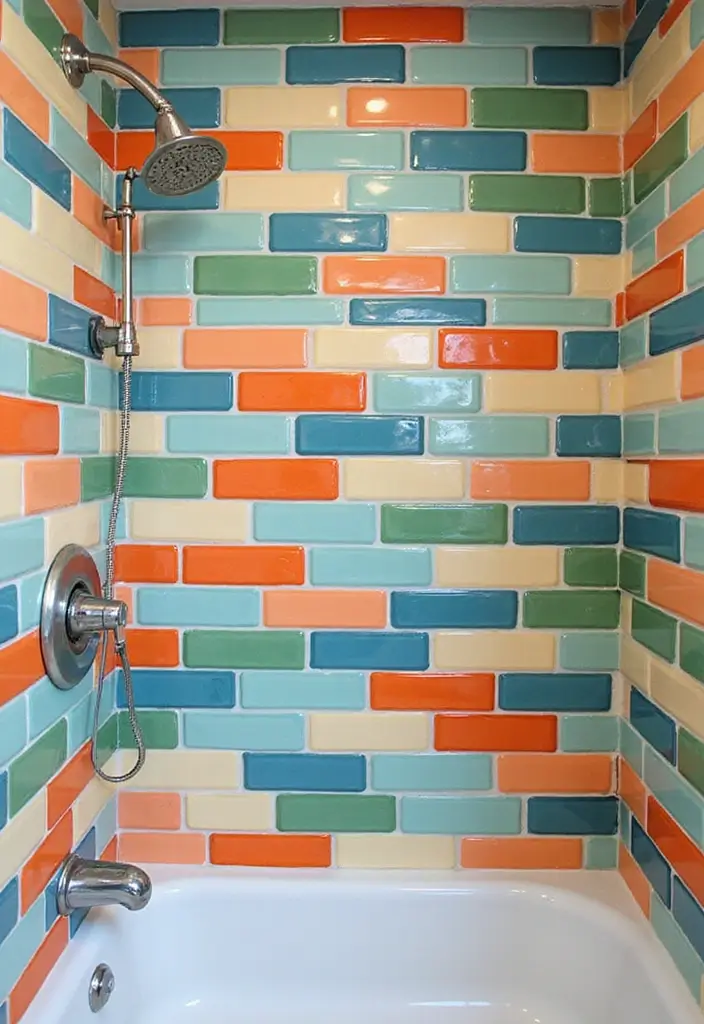 27 Bathroom Shower Floor Tile Ideas For Safety And Style - 14. Colorful Subway Tiles for a Fun Appeal