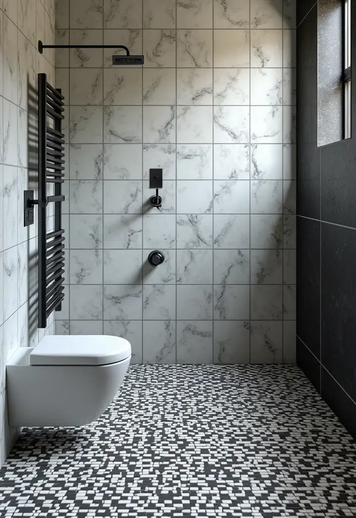 27 Bathroom Shower Floor Tile Ideas For Safety And Style - 18. High-Contrast Tiles for Drama