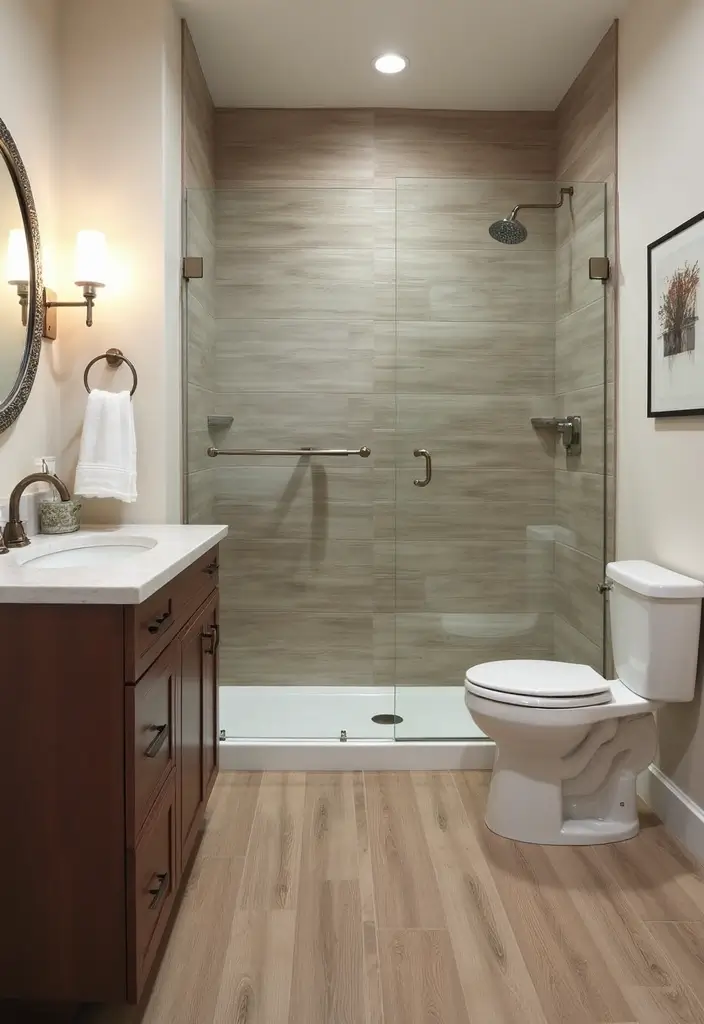 27 Bathroom Shower Floor Tile Ideas For Safety And Style - 21. Vinyl Planks for a Wood-Look