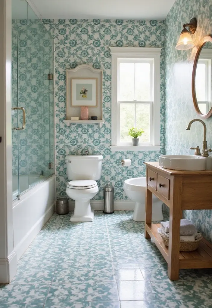 27 Bathroom Shower Floor Tile Ideas For Safety And Style - 23. Patterned Vinyl for Fun Style