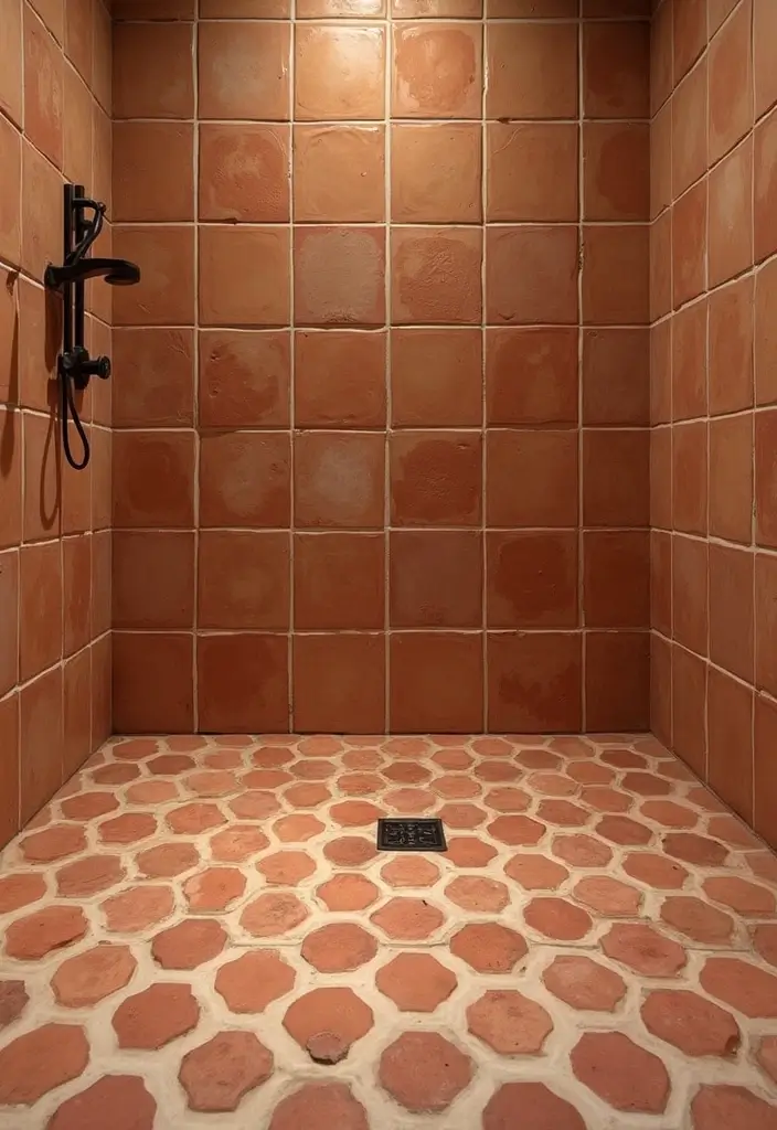 27 Bathroom Shower Floor Tile Ideas For Safety And Style - 9. Terracotta Tiles for a Rustic Charm