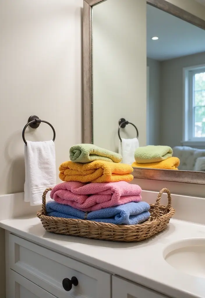 27 Bathroom Sink Decor Countertops That Stay Neat - 18. Colorful Towel Displays