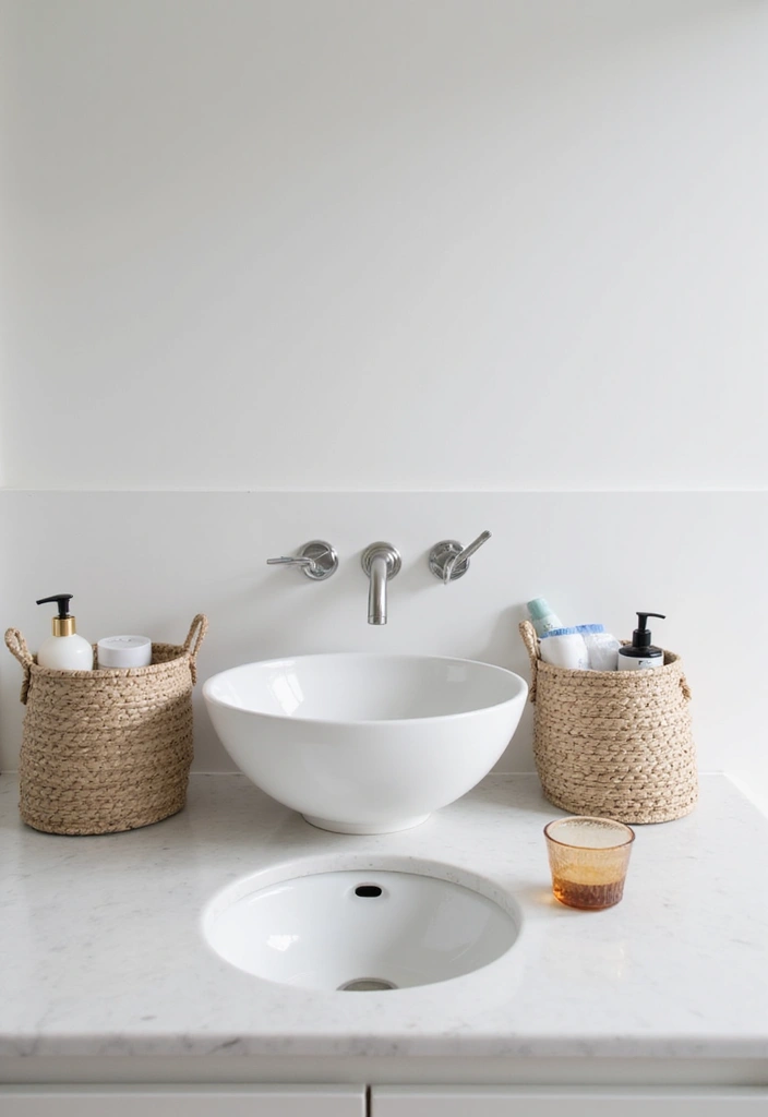 27 Bathroom Sink Decor Countertops That Stay Neat - 4. Minimalist Storage Baskets
