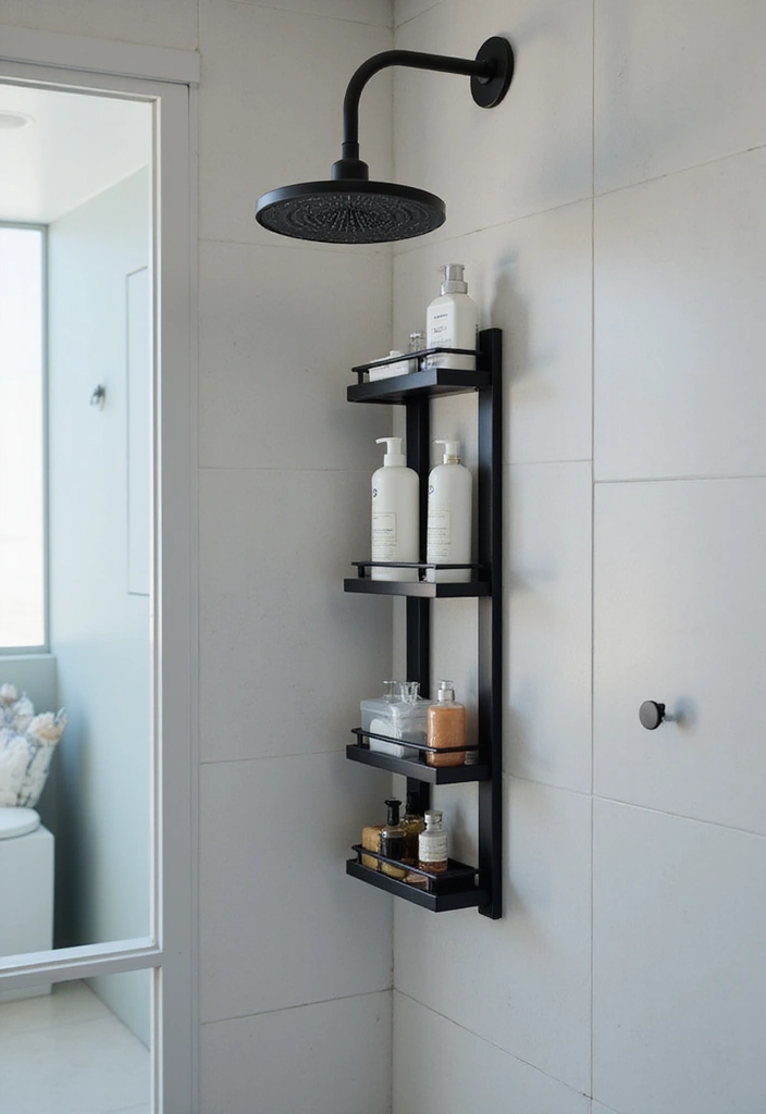 27 Black Fixtures Bathroom Ideas For Bold Looks - 15. Black Shower Caddies