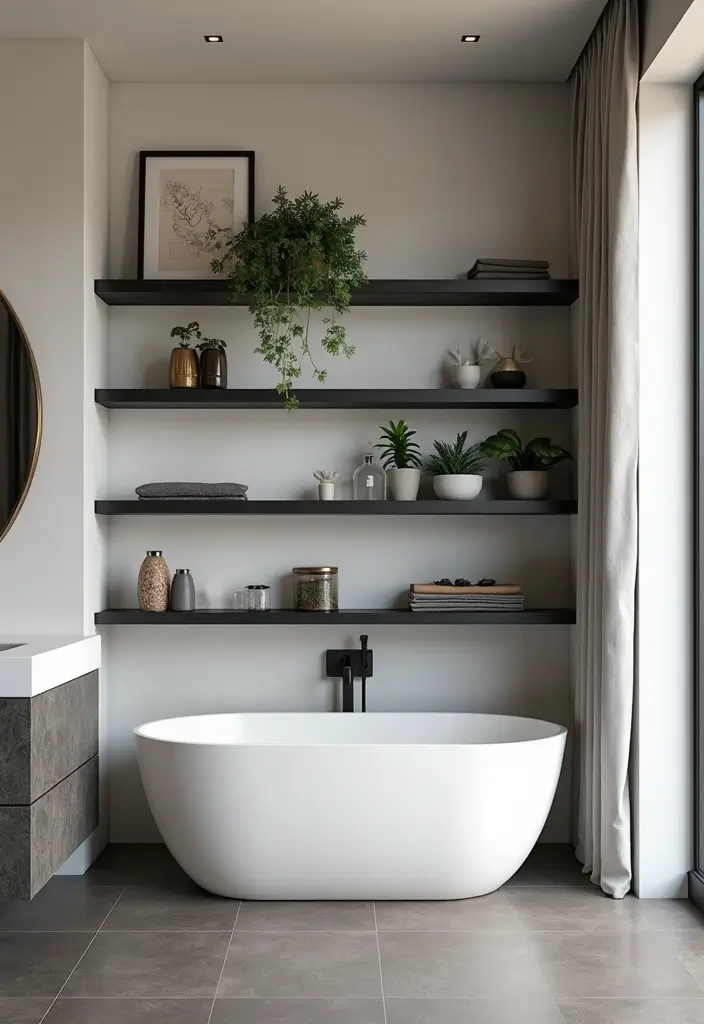 27 Black Fixtures Bathroom Ideas For Bold Looks - 22. Black Floating Shelves