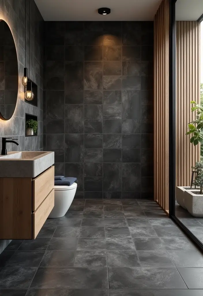 27 Black Fixtures Bathroom Ideas For Bold Looks - 6. Textured Black Tiles