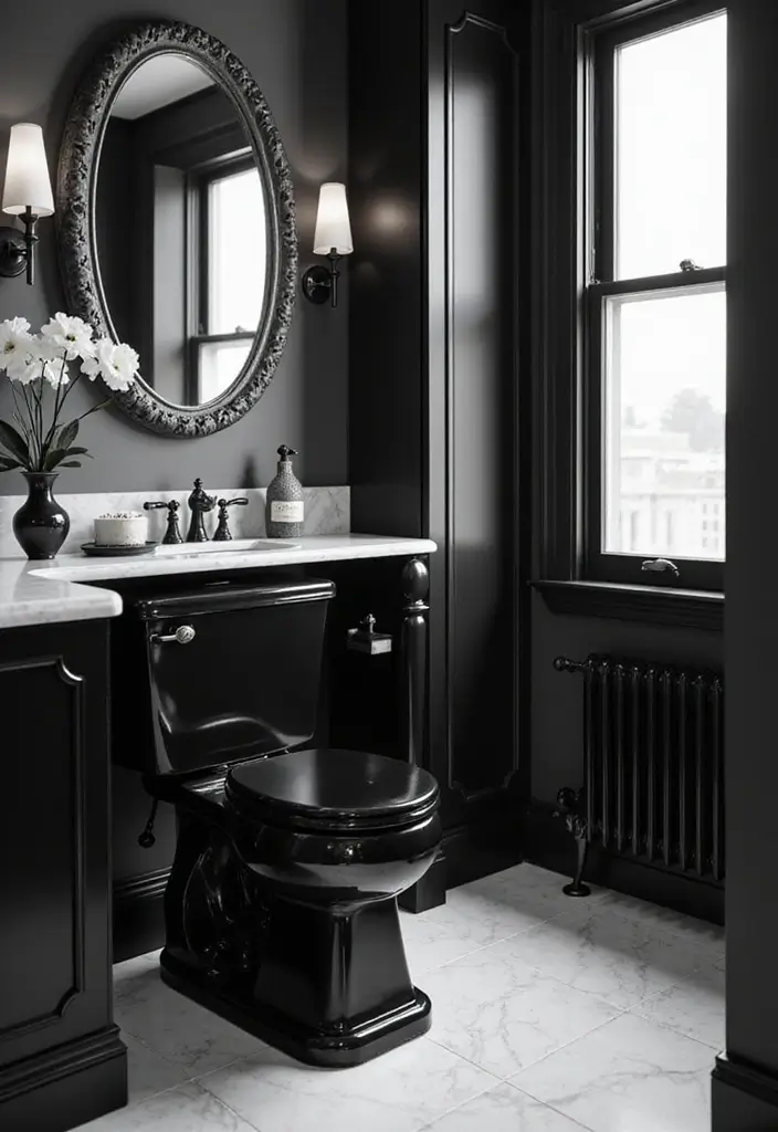 27 Black Toilet Bathroom Ideas That Make A Statement - 16. Classy White and Black