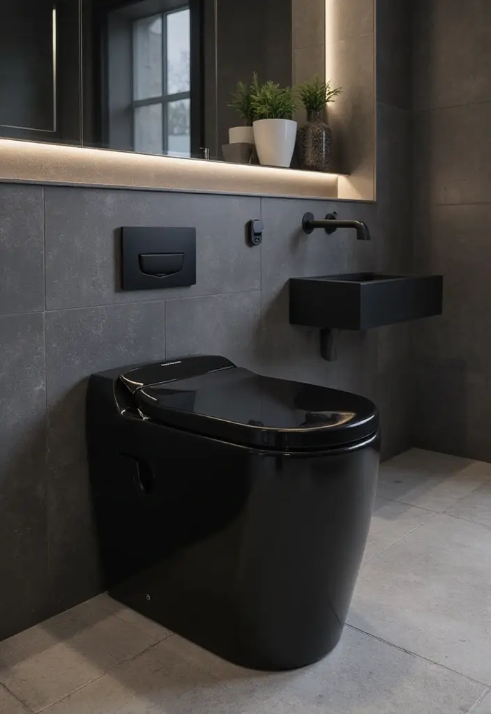 27 Black Toilet Bathroom Ideas That Make A Statement - 18. High-Tech Haven