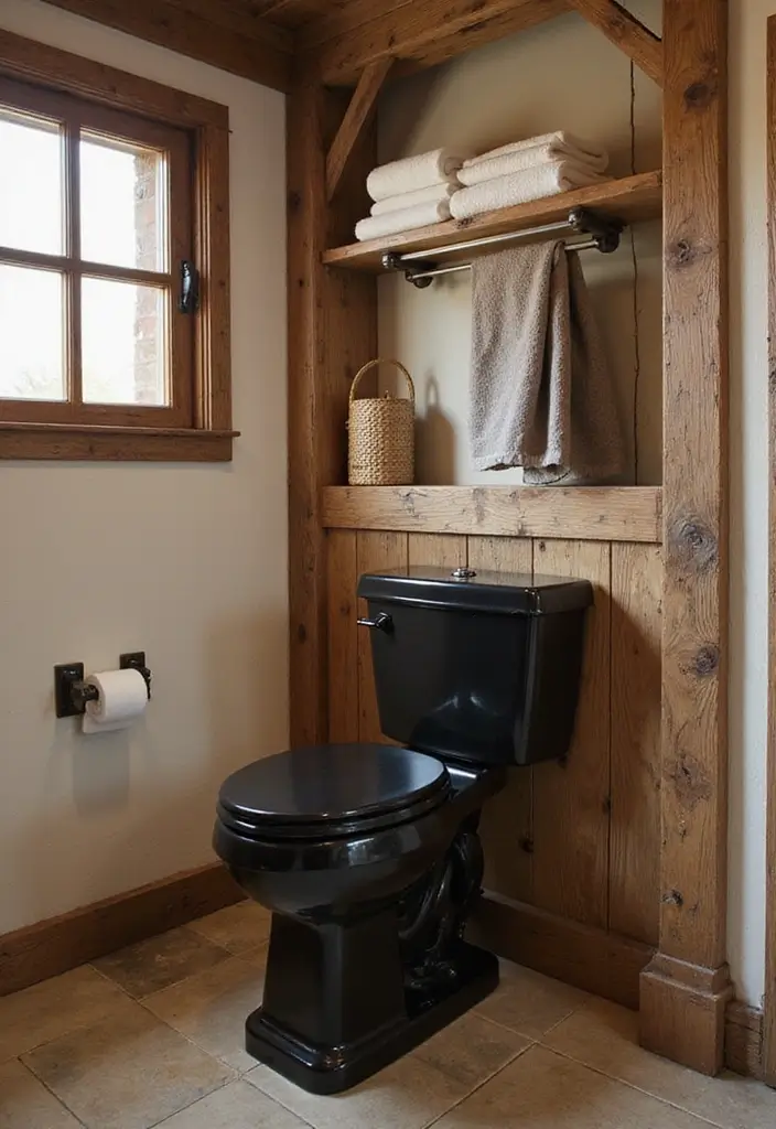 27 Black Toilet Bathroom Ideas That Make A Statement - 22. Rustic Chic