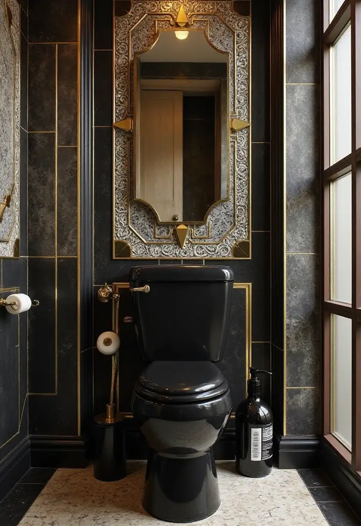 27 Black Toilet Bathroom Ideas That Make A Statement - 24. Art Deco Glam