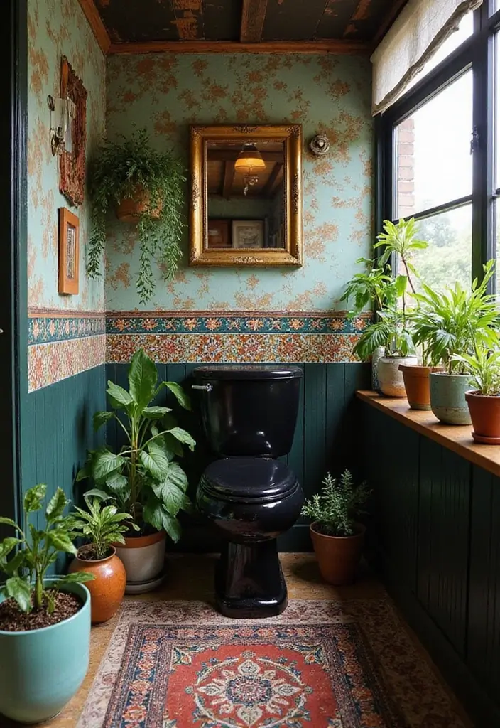 27 Black Toilet Bathroom Ideas That Make A Statement - 3. Bohemian Bliss