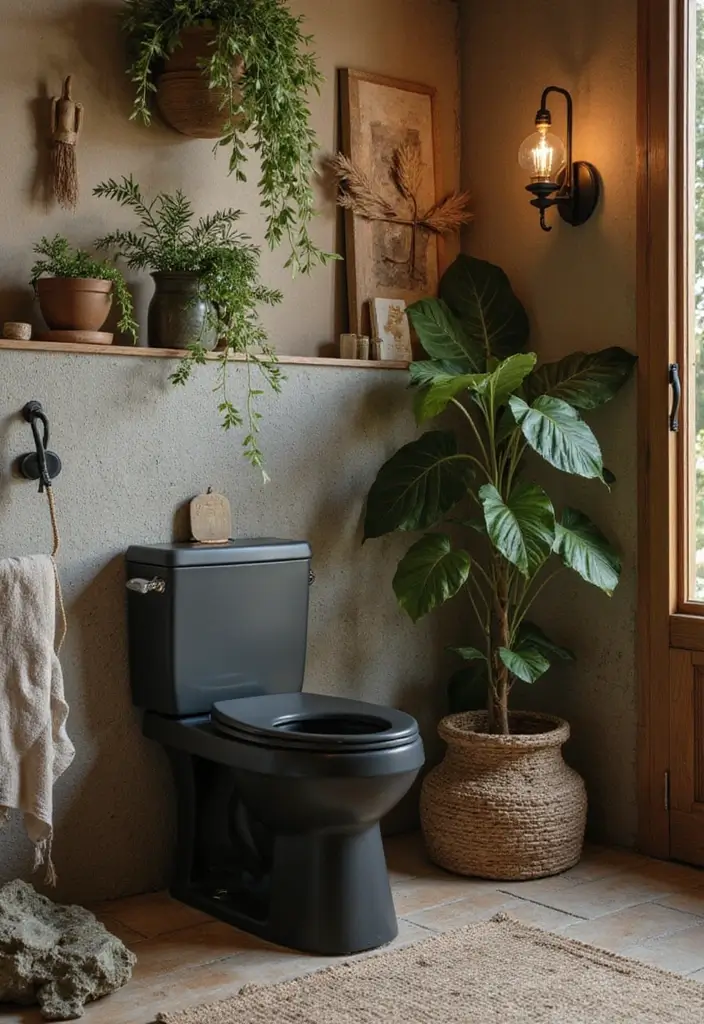 27 Black Toilet Bathroom Ideas That Make A Statement - 6. Nature-Inspired Oasis