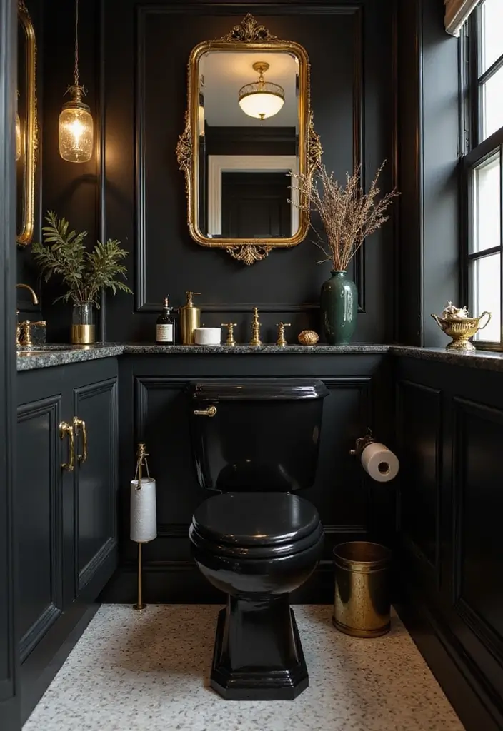 27 Black Toilet Bathroom Ideas That Make A Statement - 8. Glamorous Gold Accents