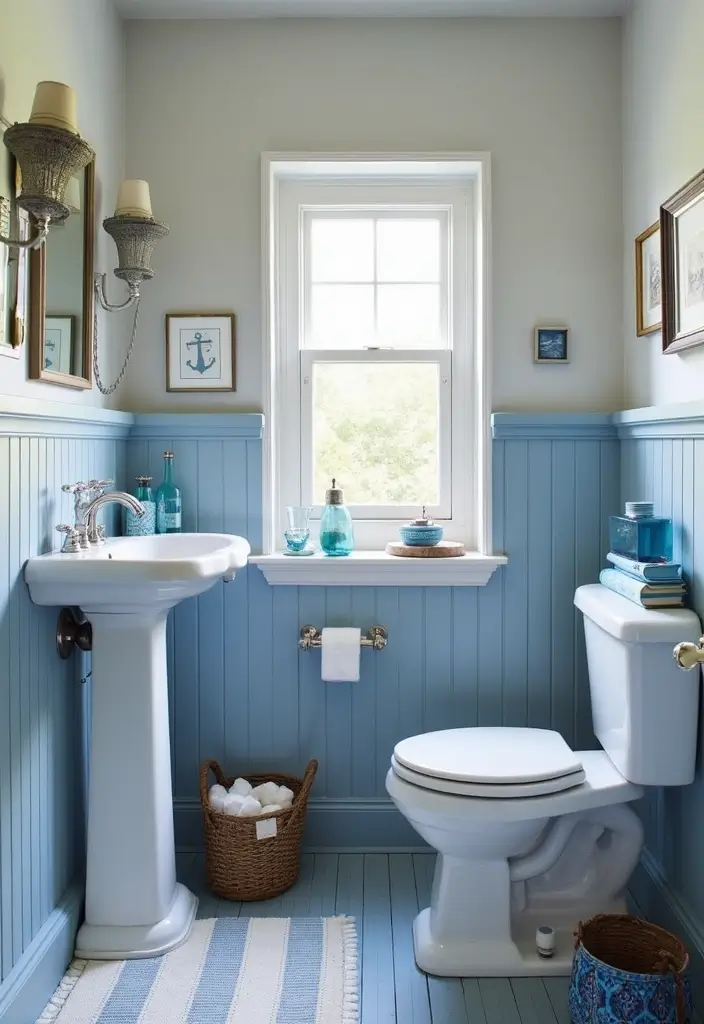27 Blue And Grey Bathroom Ideas That Feel Balanced - 10. Nautical Theme: Blue and Grey Stripes