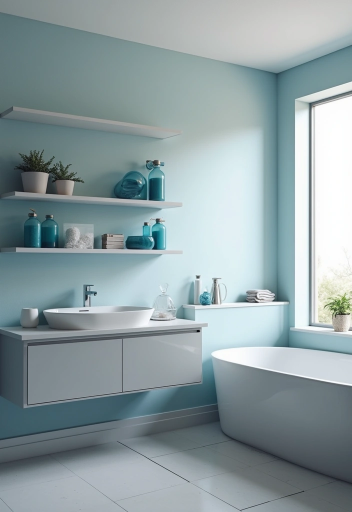 27 Blue And Grey Bathroom Ideas That Feel Balanced - 11. Floating Shelves: Grey with Blue Decor