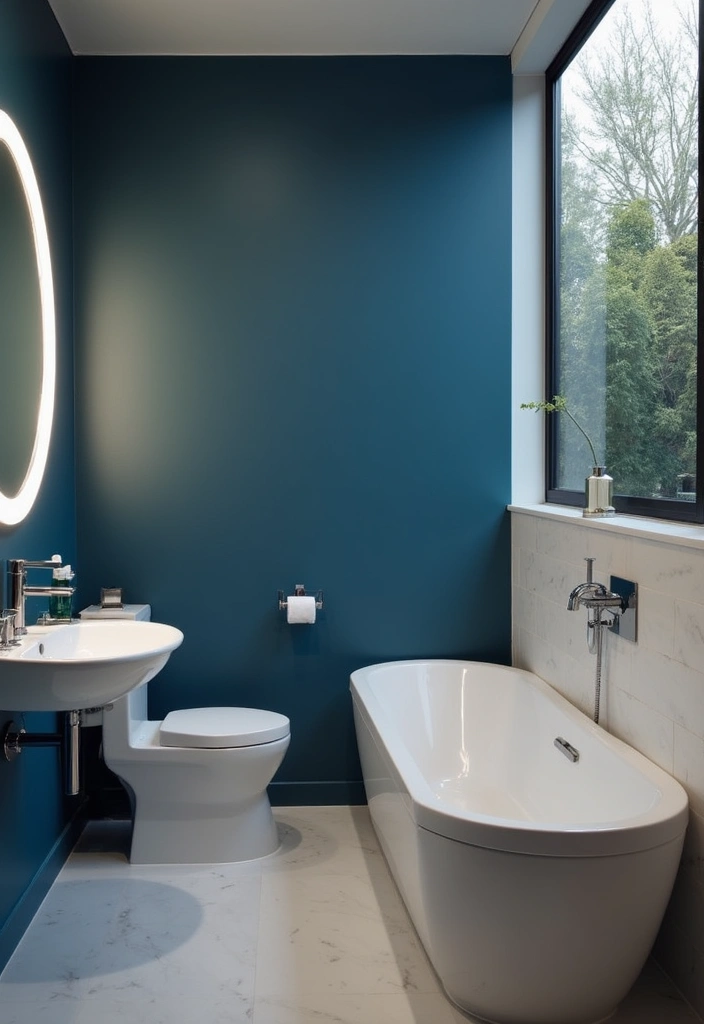 27 Blue And Grey Bathroom Ideas That Feel Balanced - 12. Accent Wall: Deep Blue with Grey Fixtures