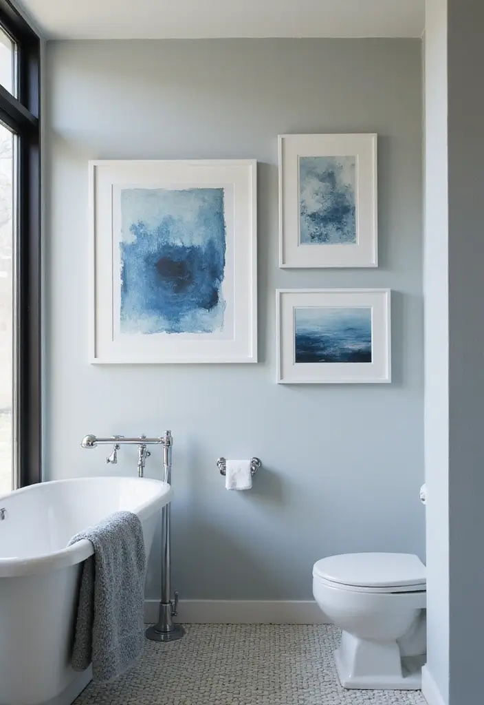 27 Blue And Grey Bathroom Ideas That Feel Balanced - 13. Artful Displays: Blue and Grey Artwork