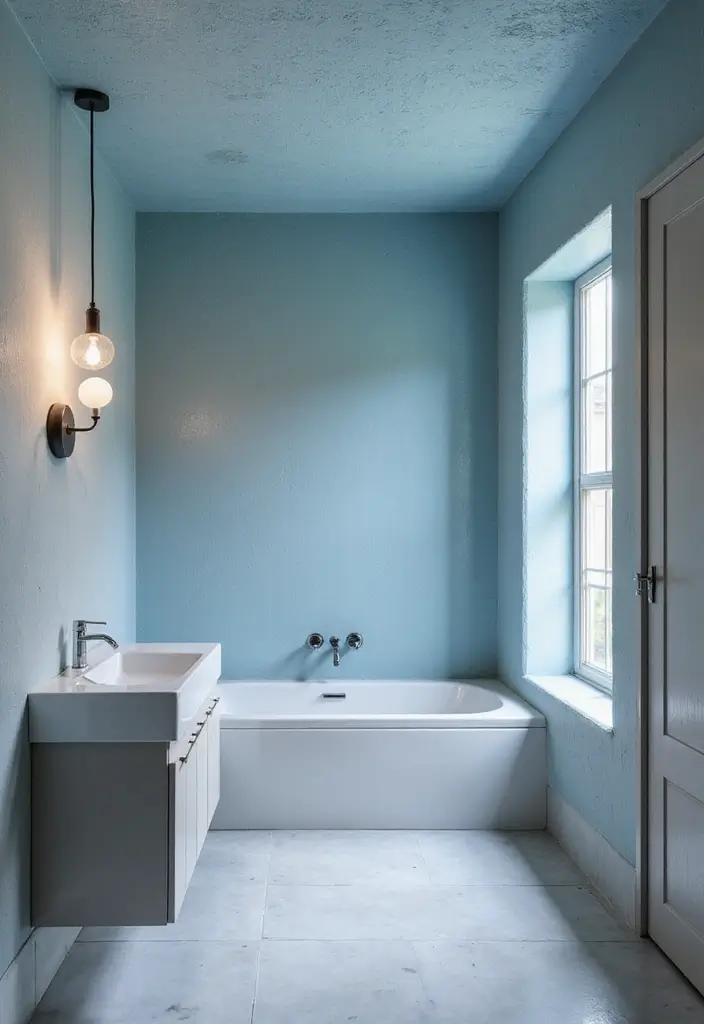 27 Blue And Grey Bathroom Ideas That Feel Balanced - 14. Textured Ceiling: Painted Blue with Grey Walls