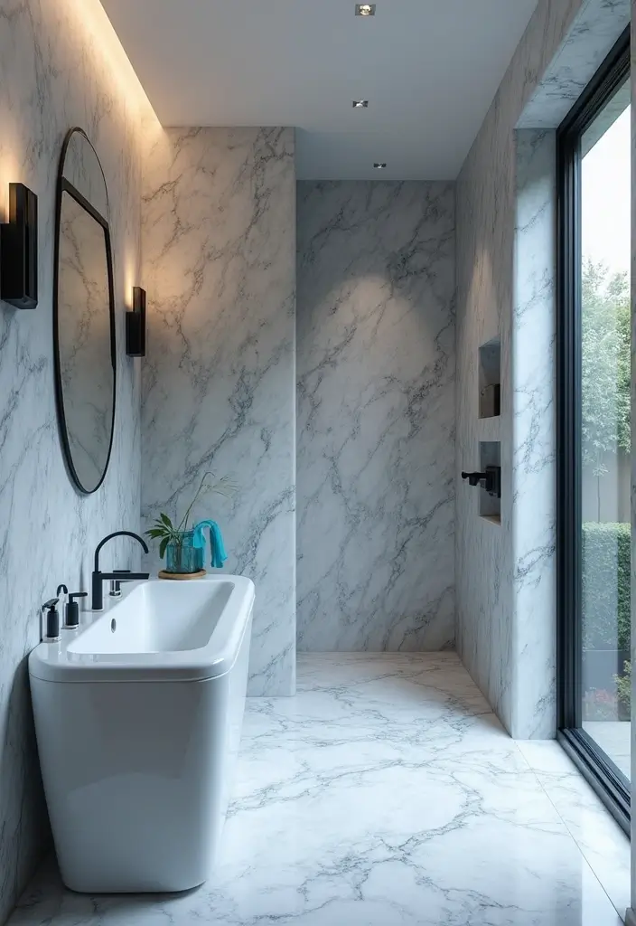 27 Blue And Grey Bathroom Ideas That Feel Balanced - 15. Grey Marble with Subtle Blue Accents