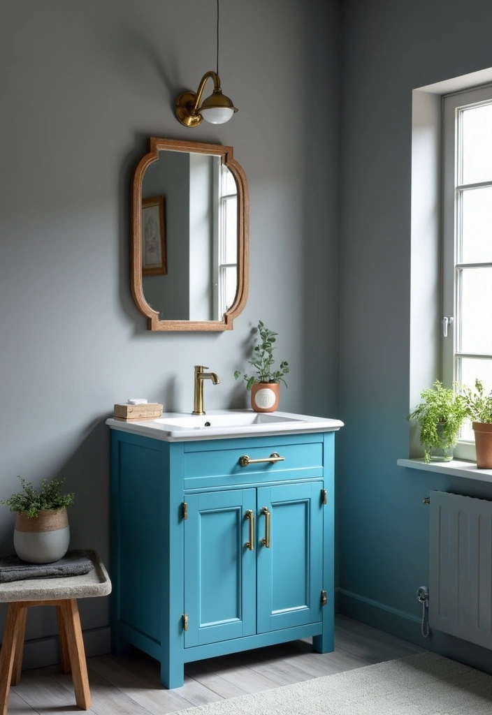 27 Blue And Grey Bathroom Ideas That Feel Balanced - 16. Blue Vanity: Grey Walls for a Statement