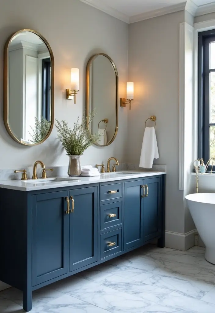 27 Blue And Grey Bathroom Ideas That Feel Balanced - 2. Modern Elegance: Dark Blue Cabinets