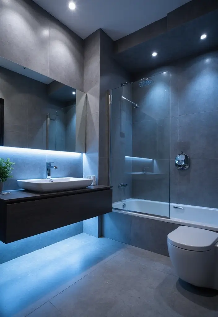 27 Blue And Grey Bathroom Ideas That Feel Balanced - 20. Integrated Lighting: Blue and Grey Combo