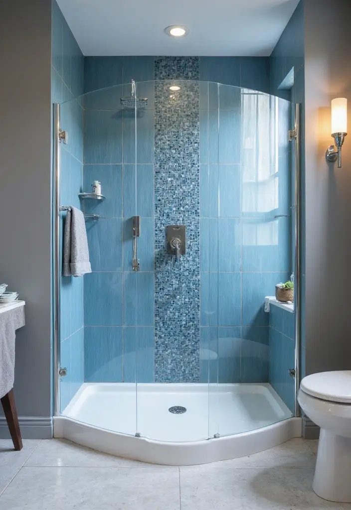 27 Blue And Grey Bathroom Ideas That Feel Balanced - 22. Shower Design: Glass and Blue Tiles