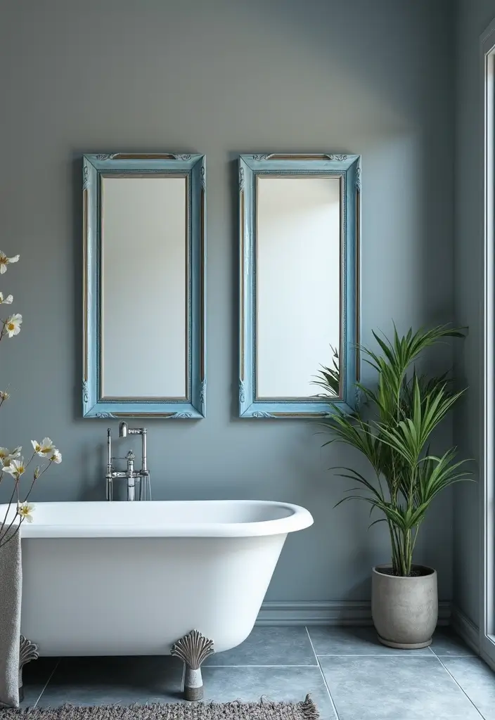 27 Blue And Grey Bathroom Ideas That Feel Balanced - 23. Decorative Mirrors: Blue Frames with Grey Surrounds