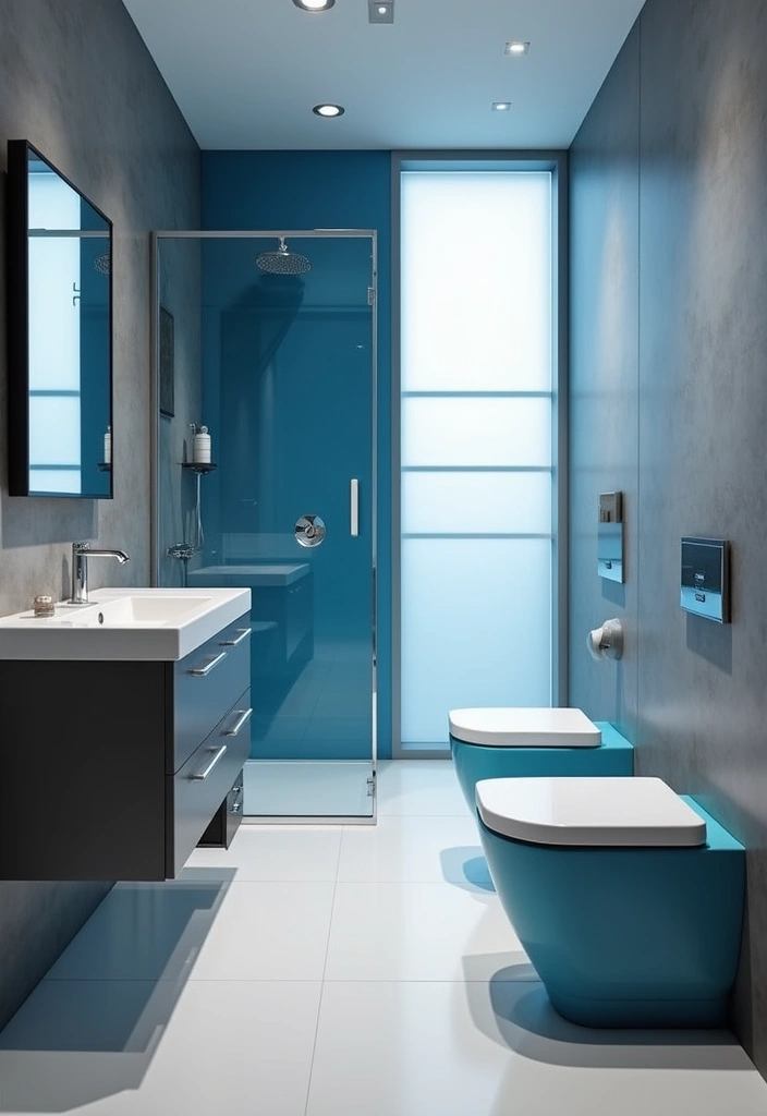 27 Blue And Grey Bathroom Ideas That Feel Balanced - 24. Contemporary Fixtures: Blue and Grey Elements