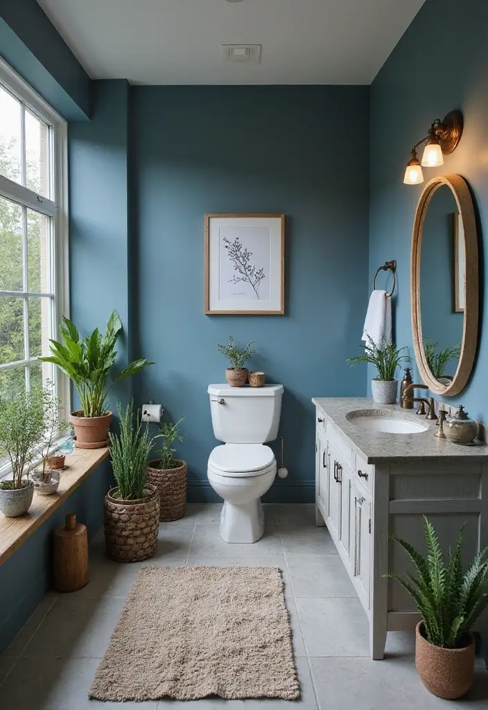 27 Blue And Grey Bathroom Ideas That Feel Balanced - 26. Outdoor-Inspired: Blue and Grey with Nature Elements