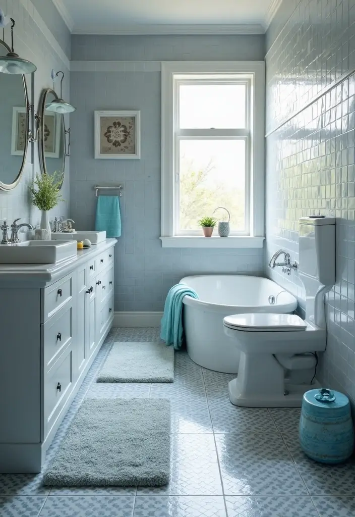 27 Blue And Grey Bathroom Ideas That Feel Balanced - 3. Soft Grey Palette with Blue Accents